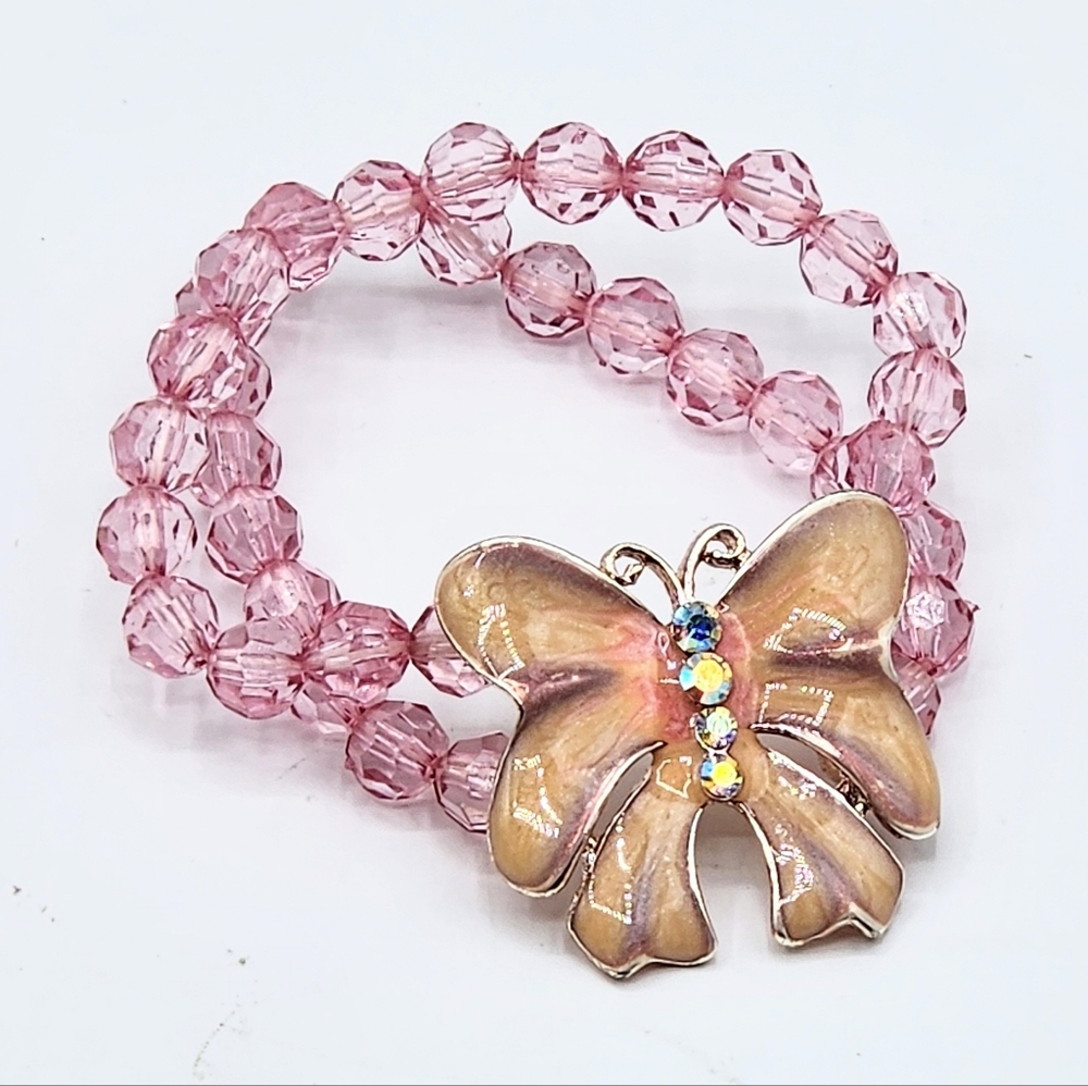 Pink Beaded Butterfly Bracelet Stretchy Enamel Rhinestone